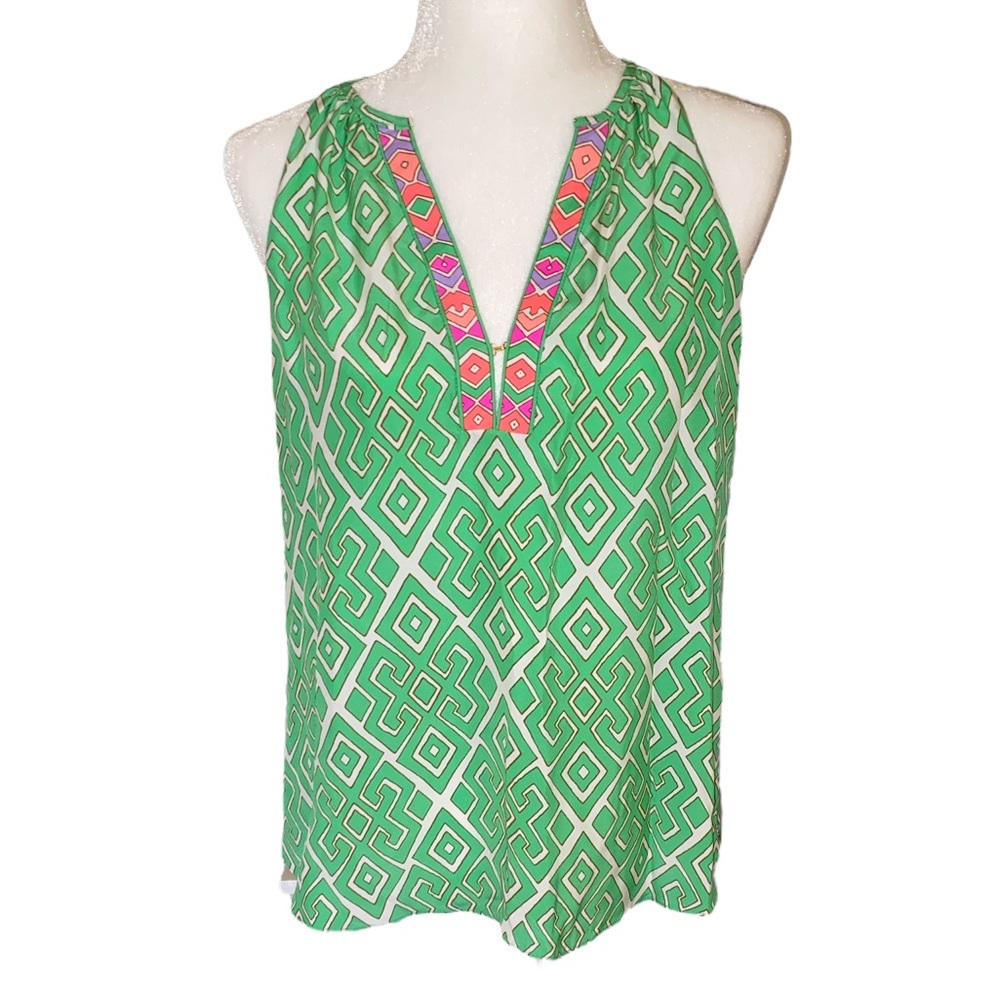 Alice & Trixie Silk Green Geometric Print Halter Tank Top - S